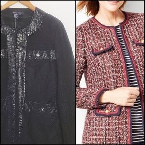 𝅺NEW! BOSTON PROPER Tweed Vegan Leather Trim Open Long Blazer Jacket.